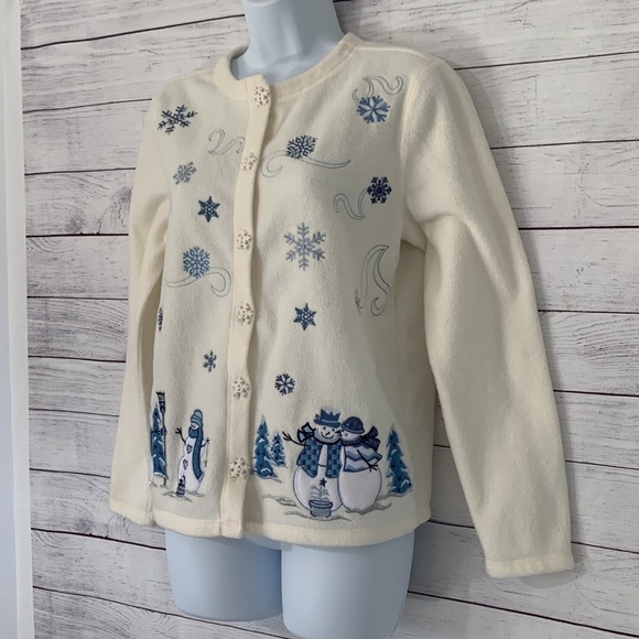 EUC Fashion Bug Snowman/Snowflake Button-Down Fleece Jacket - Snowflake Buttons - Picture 3 of 13